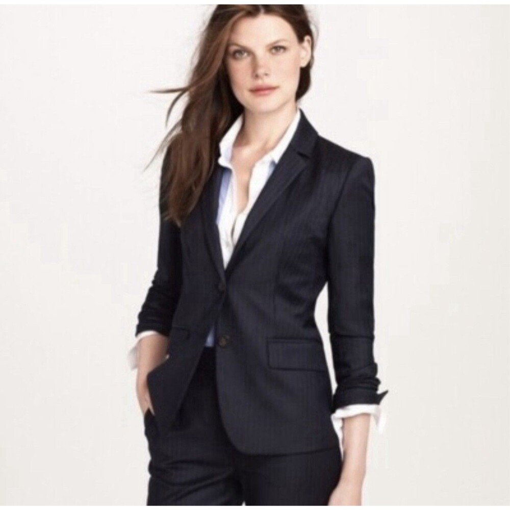 J. Crew Super 120s Black Pinstripe 100% Wool Lined Blazer Jacket Size 4 Bosscore